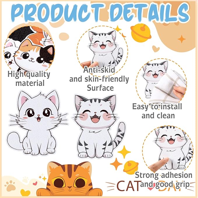 Yaomiao 24 Pcs Cat Non Slip Bathtub Stickers Shower Stickers Anti Slip Decal Threads Adhesive Appliques with Scraper Adhesive Decals for Safety Bathroom Tubs, Shower Floor, Stairs