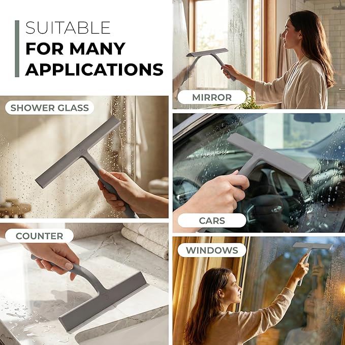GÜTEWERK Shower Squeegee for Glass Doors, Silicone Window Squeegee, Bathroom and Glass Cleaning - Gray - 9 Inch
