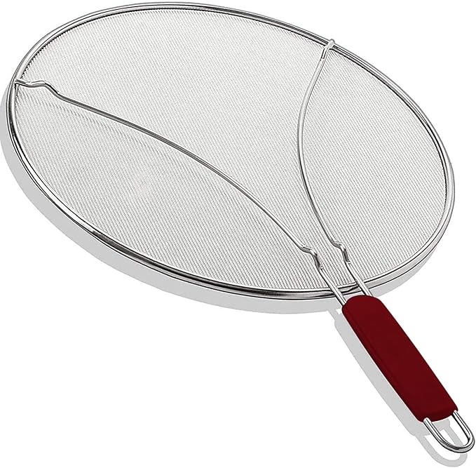 13" Grease Splatter Screen for Cooking | Stainless Steel Oil Splatter Guard and Ultra-Fine Mesh Protects Skin from Burns | TPR Tight-Grip Handle (Red)