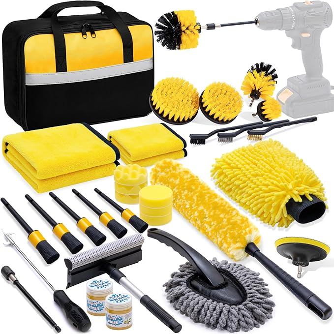 29Pcs Car Detailing Kit with 18" Wheel Rim Brush, Car Detailing Brush Set, Car Cleaning Tools Kit for Interior Exterior Wheels, Yellow
