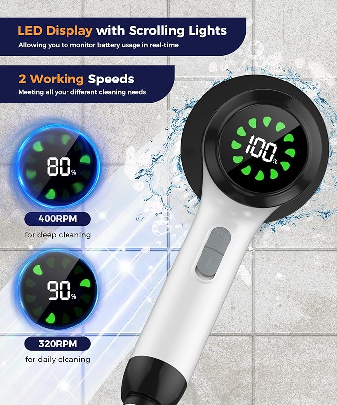 Electric Spin Scrubber, Cordless Cleaning Brush with 7 Replaceable Brush Heads, 2-Speed Adjustable Handle Shower Scrubber, IPX7 Waterproof for Bathroom, Tub, Tile & Floor, Teens, White-qb1