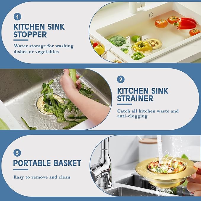 Kitchen Sink Drain Strainer 2 Pack, 304 Stainless Steel Pop Up Sink Stopper, Anti-Clogging Sink Drain Strainer for US Standard Kitchen Drain (Gold)