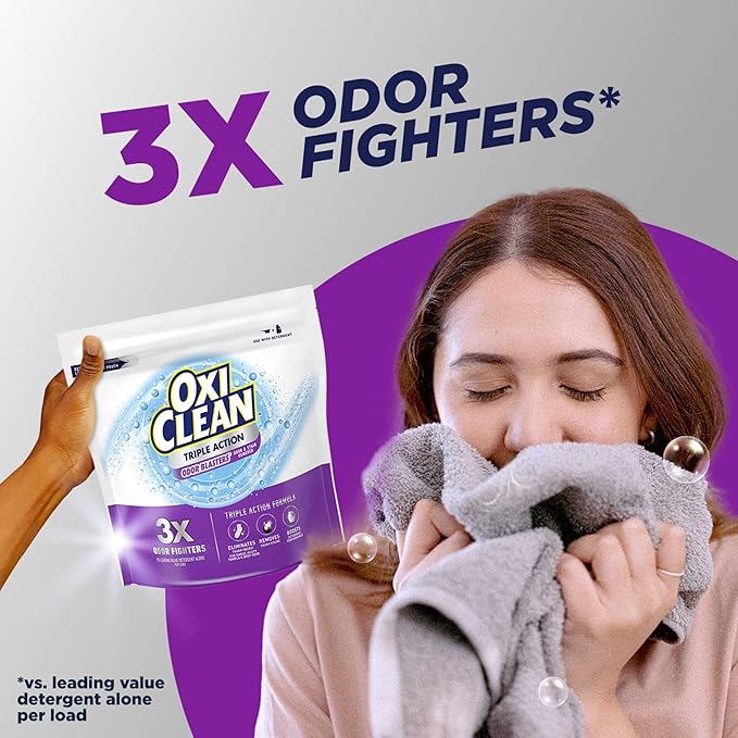 OxiClean Triple Action Odor and Stain Remover Powder, Use with Detergent, Eliminates Tough Odors and Removes Stains, Color Safe and Chlorine Free, 4 lbs