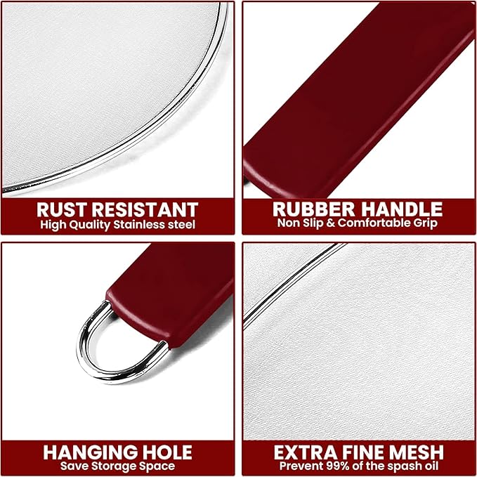 13" Grease Splatter Screen for Cooking | Stainless Steel Oil Splatter Guard and Ultra-Fine Mesh Protects Skin from Burns | TPR Tight-Grip Handle (Red)