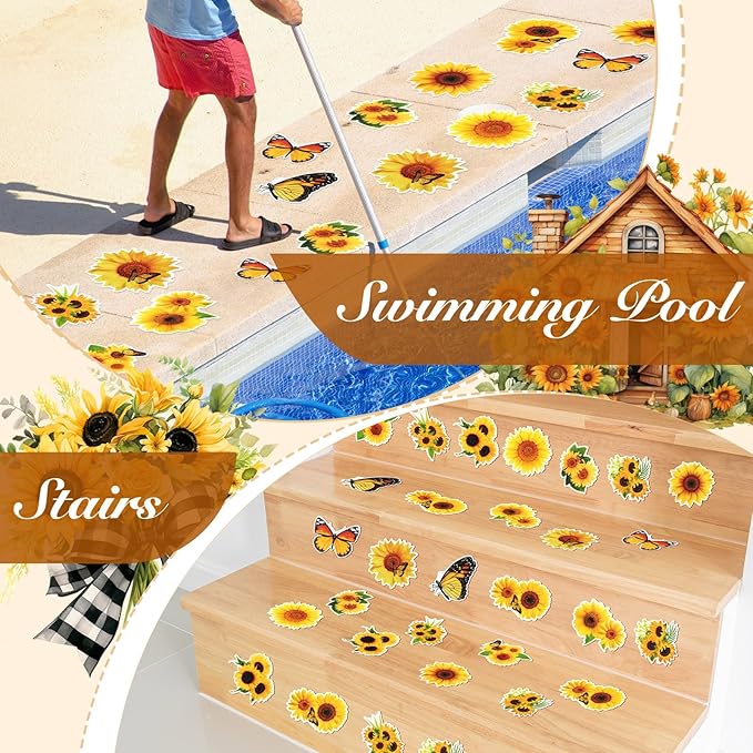 Yaomiao 24 Pcs Sunflower Non Slip Bathtub Stickers Shower Stickers Anti Slip Decal Threads Adhesive Appliques with Scraper Adhesive Decals for Safety Bathroom Tubs, Shower Floor, Stairs