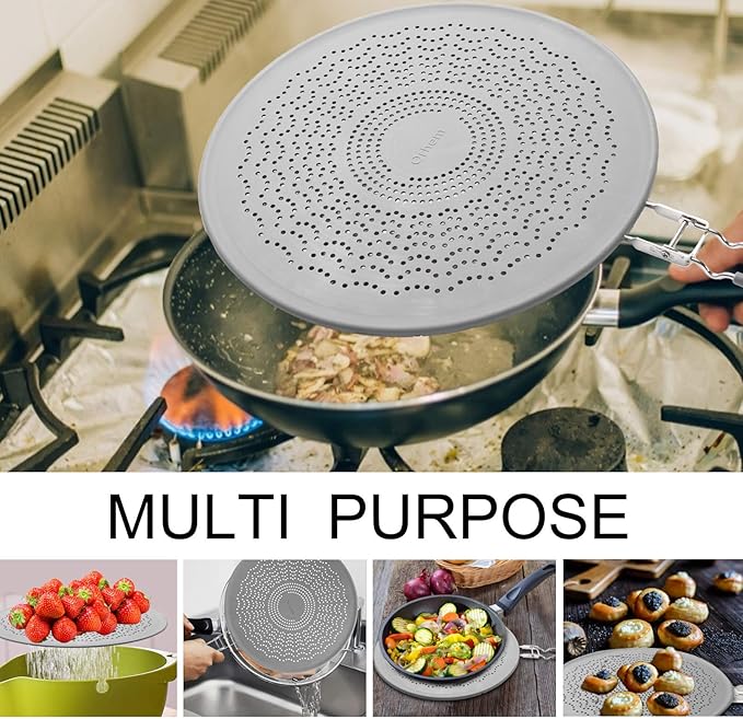 13” Silicone Splatter Screen Pan Cover with Folding Handle, Heat Insulation Cooling Mat, Strainer, Drain Board, Oil Splash Guard for Frying Pan