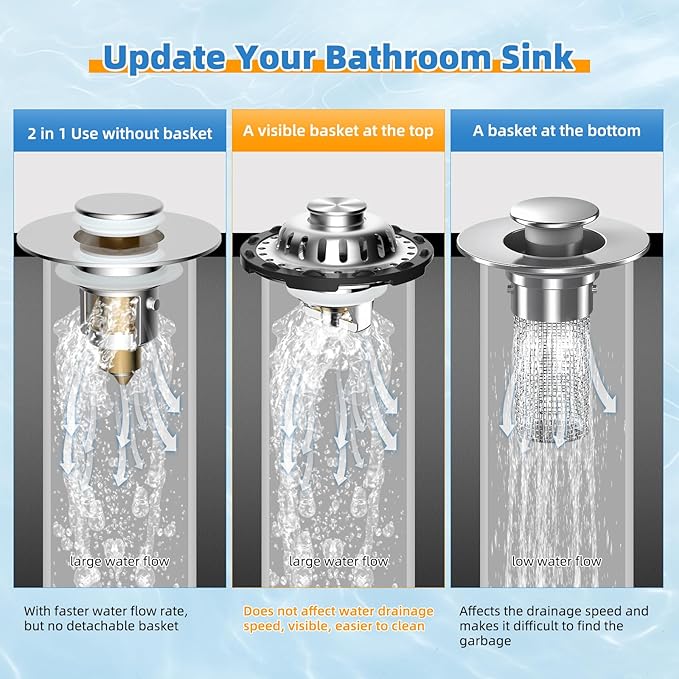 2PACK Universal Bathtub Drain Stopper Shower Hair Catcher Bathroom Sink Strainer, Tub Stopper with Visible Top Strainer, Brass Metal 3 in 1 Pop-up Stopper for Standard 1.1''~2.36'' Hole, Chrome
