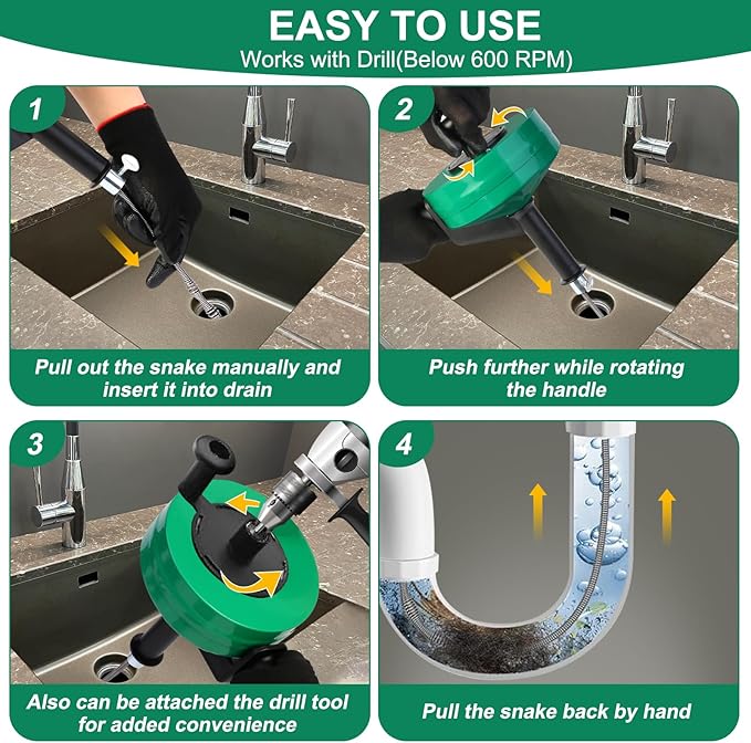 Wayona Drain Snake 35 FT, Plumbing Snake for Sink Snake Drain clog Remover, Drain Snake with Drill Attachment with Bag Gloves Cleaning Brush, Manual or Powered Used, Not Automatic(35 FT - 1/4 inch)
