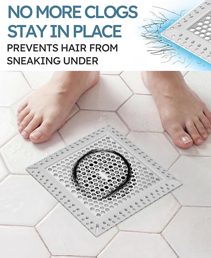 Square Shower Drain Hair Catcher, Flat Shower Drain Hair Catcher, Anti-Clogging Fast Drainage, Anti-Slip & Stays in Place, Easy Clean Fits Bathroom Hair Catcher for Shower (Gray, 4 inch)