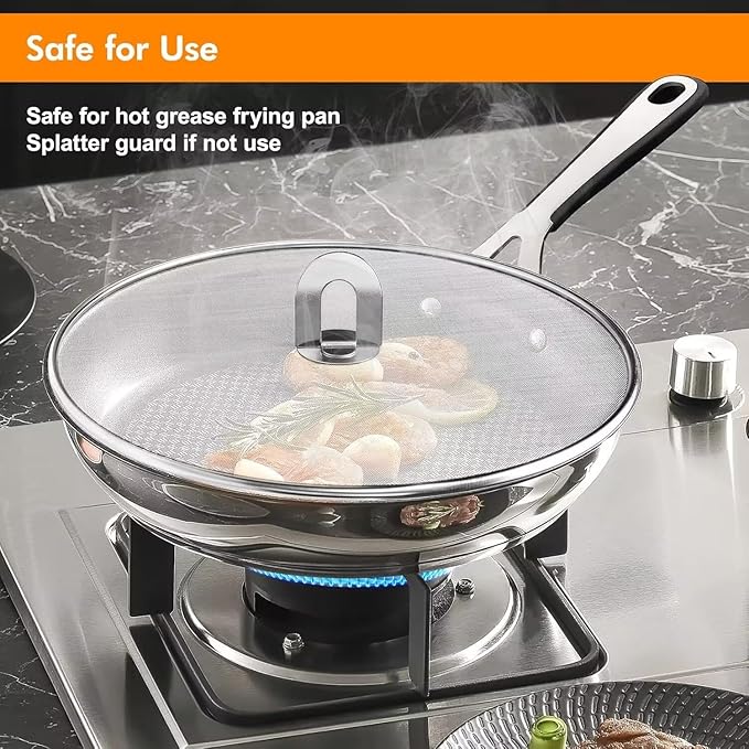 Homestia Splatter Screen for Kitchen, Stainless Steel Fine Mesh Splatter Screen for Frying Pan, 10” Grease Splatter Guard with Fold Flat Knob