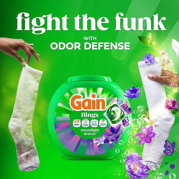 Gain Flings Liquid Washing Detergent Pacs with Odor Defense + Color Guard, Moonlight Breeze Scent, 4-In-1 Liquid Laundry Detergent Pods, Clean & Fresh, 60 Count (Packaging May Vary)