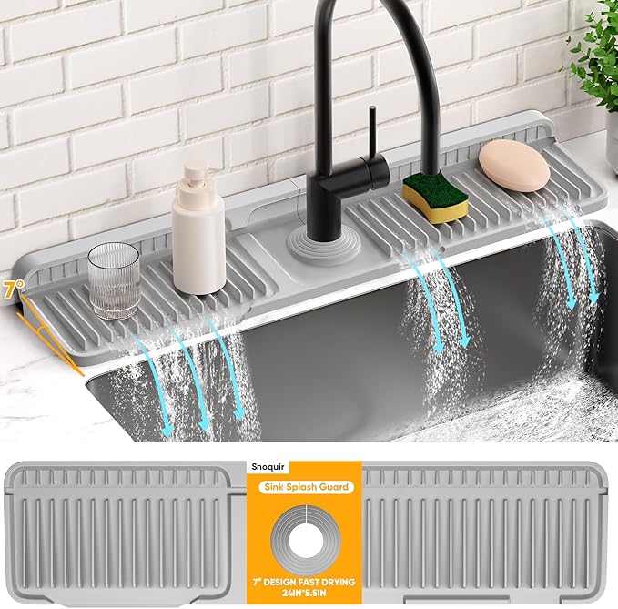 24'' Folding Faucet Mat for Kitchen Sink Splash Guard[7° Slope Fast Self-draining][Snap Lock Fit] Kitchen Sink Faucet Mat Splash Guard Kitchen Sink Area Water Splash Guard Behind Faucet Draining Mat