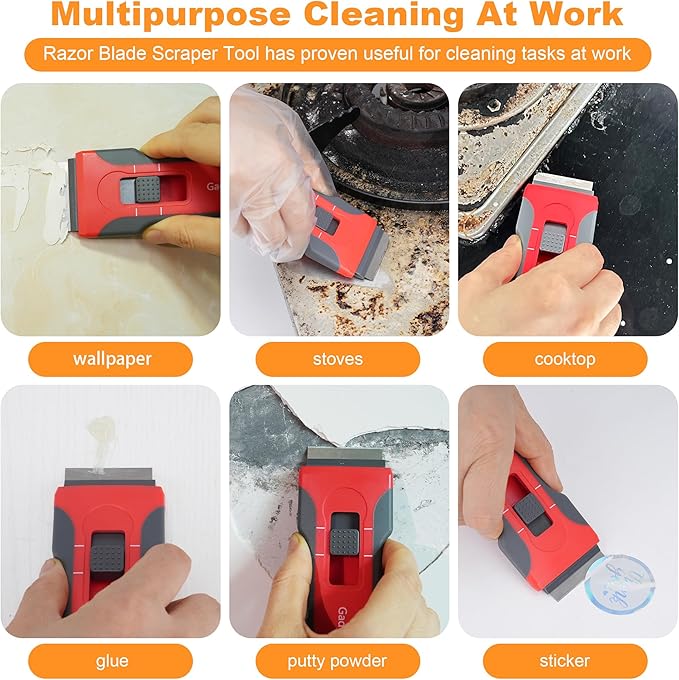Razor Blade Scraper for Cleaning Glass Window, Cooktop, Oven, Stove, stove top,glass top stoves, Scraper with Buit-In Blade Storage, Upgraded Lock Mechanism, Razor Scraper Buit-In Blade torage, Red
