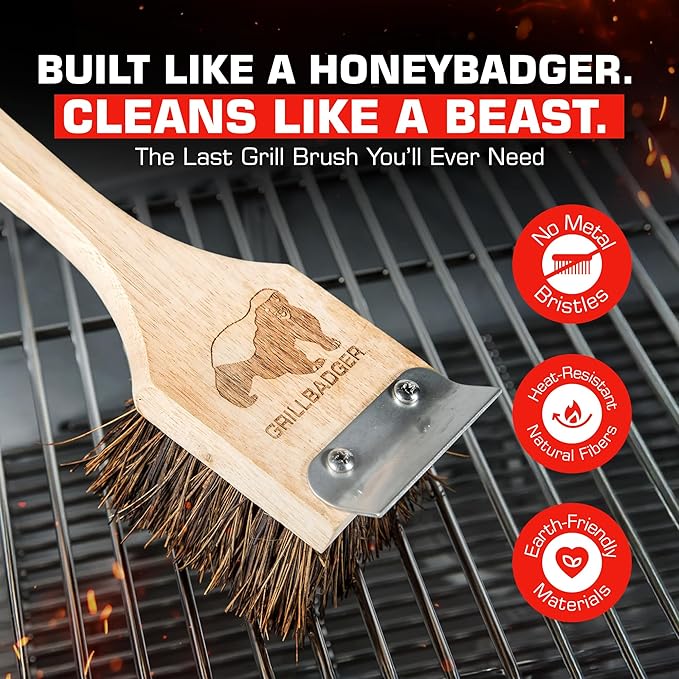 The Original Non Metal Grill Brush for Outdoor Grill | High Temp Heat Resistant BBQ Cleaning Brush | Long Lasting Wooden BBQ Cleaner with Scraper, Safe for Cast Iron Grates - Natural Wood
