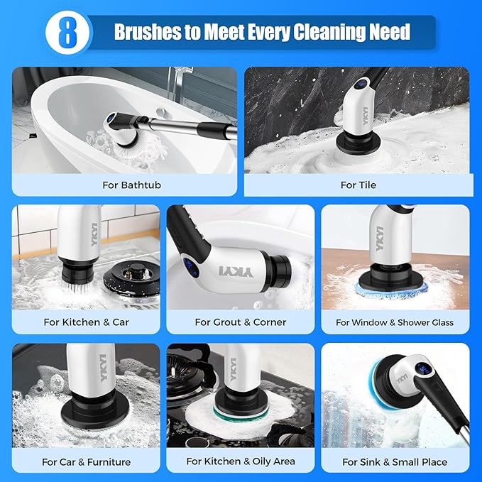 YKYI Cordless Electric Spin Scrubber, Power Cleaning Brush with 8 Replaceable Heads & Extension Handle for Bathroom, Tub, Tile, Floor, Grout, Car