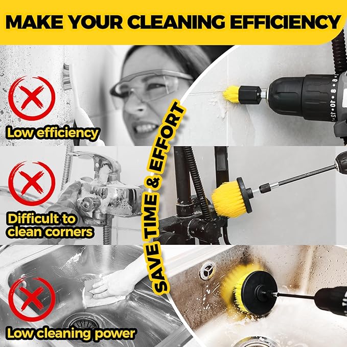 Holikme 8 Piece Drill Brush Attachment Set, Power Scrubber with Extend Long Handle, Cleaning Supplies for Shower, Bathtub, Bathroom, Kitchen (White)