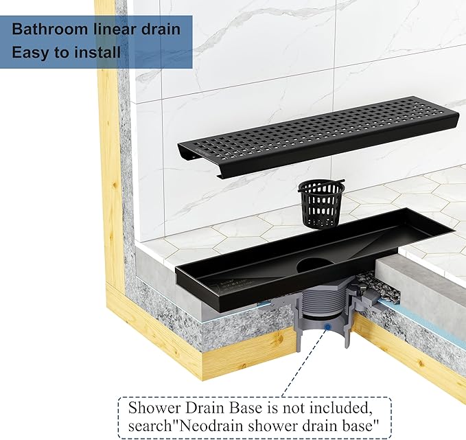 Neodrain 12-Inch Black Linear Shower Drain with Removable Quadrato Pattern Grate,Professional 304 Stainless Steel Rectangle Shower Floor Drains Manufacturer, Hair Strainer,Matte Black Linear Drain