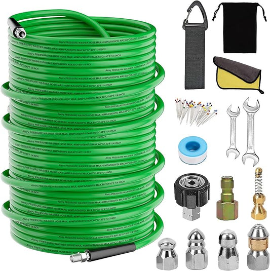 Sewer Jetter Kit for Pressure Washer,Water Jet Drain Cleaning Hose with Corner Rotating Button Spring Nose 1/4" NPT Sewer Cleaning Tool High-Pressure Nozzles,5800 PSI 200 FT