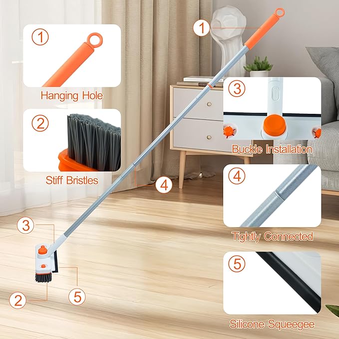 Pole Tub and Tile Scrubber - 60" Extendable Tub Brush Scrubber with Long Handle, 360° Rotating Head & 2 Non-Scratch Attachments for Shower, Bathtub, Tile & Floor