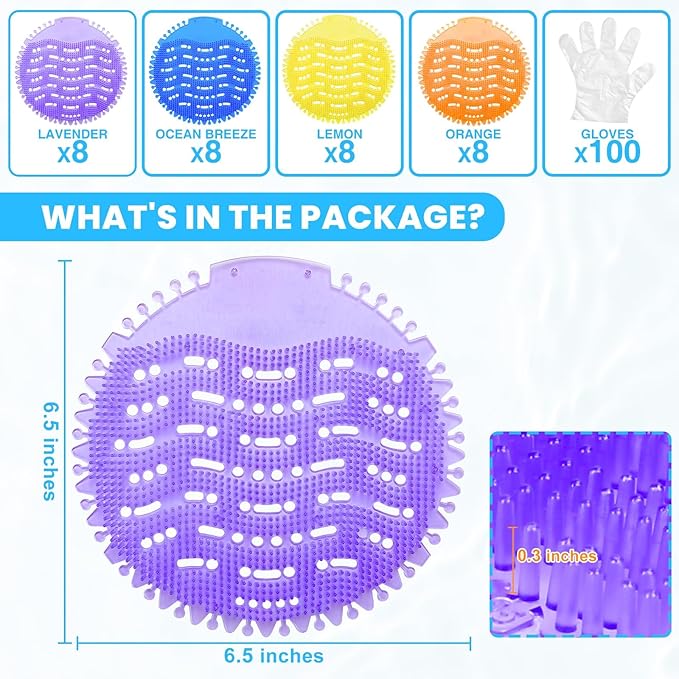 32 Pack Urinal Deodorizer Screen with 100 Gloves, 3D Wave Anti-Splash Odor Protection Urinal Cakes for Men Toilets Dry Wet Urinal Deodorant Bathroom Office Mall Hotel Four Scents Urinal Mats