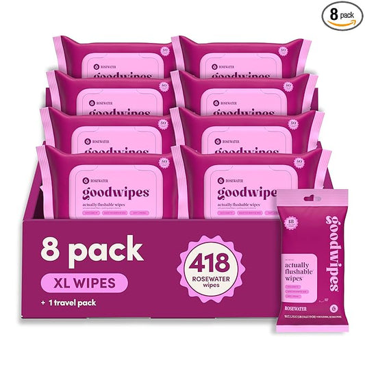 goodwipes Flushable Wipes Bulk Pack, Rosewater Adult Wet Wipes for Women & Men, Sewer & Septic Safe, Toilet & Bathroom Essentials, Extra Large, 418 Count (8 Packs and 1 Travel Pack)