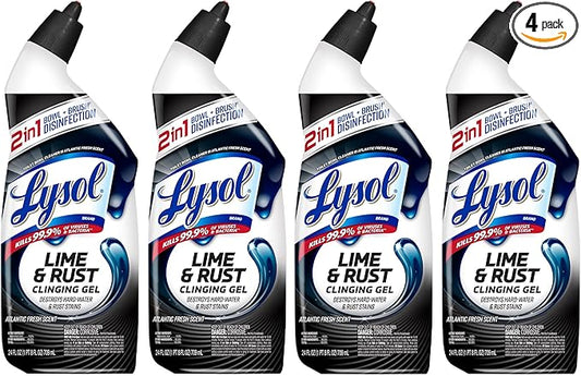 Lysol Lime & Rust Toilet Bowl Cleaner Liquid, For Limescale, Rust & Hard Water Stains, Septic Safe, Clinging Gel, Disinfects, Sanitizes & Deodorizes, Bathroom Cleaning Supplies, 24oz (4 Pack)