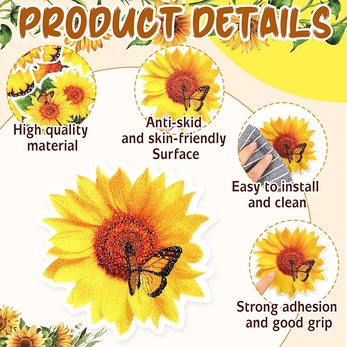 Yaomiao 24 Pcs Sunflower Non Slip Bathtub Stickers Shower Stickers Anti Slip Decal Threads Adhesive Appliques with Scraper Adhesive Decals for Safety Bathroom Tubs, Shower Floor, Stairs