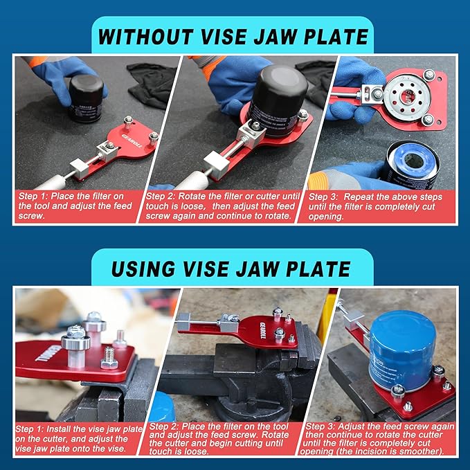 77750 Oil Filter Cutter Tool with Vise Jaw Plate, Oil Filter Cutter Cutting Tool for Filter Cutting Range 2-3/8" to 5" (Red)