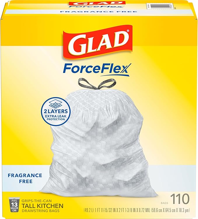 Glad ForceFlex Tall Kitchen Drawstring Trash Bags,13 Gal,Fragrance Free,110 Ct (Package May Vary),(Pack of 3)