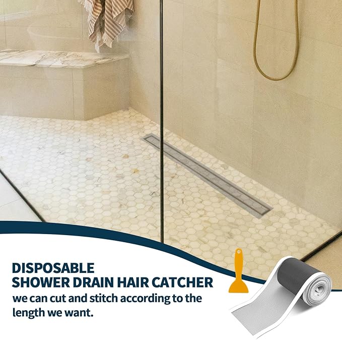 2 PCS 4 Inch x 33 FT Disposable Shower Drain Screen Self-Adhesive Stickers, with Cleaning Shovel, Showers Drain Hair Catcher, Shower Drain Mesh Stickers for Bathroom Kitchen Sink