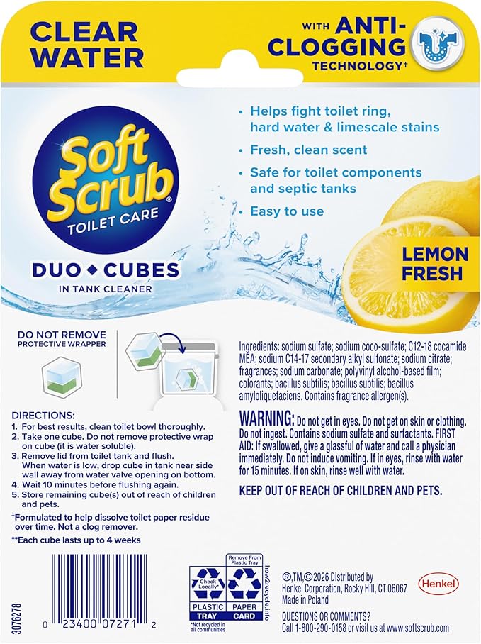 Soft Scrub In-Tank Toilet Cleaner Duo-Cubes, Lemon Fresh, Clear Water, 4 Ct, Cleans & Freshens, Helps Fight Toilet Ring, Hard Water & Limescale Stains