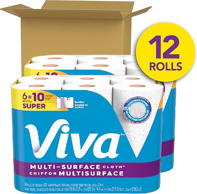 Viva Multi-Surface Cloth Paper Towels, Task Size - 12 Super Rolls (2 Packs of 6) - 81 Sheets Per Roll