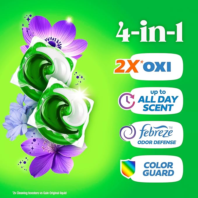 Gain Flings Laundry Detergent Pods Odor Defense + Color Guard, Moonlight Breeze Scent, 3 in 1 HE Detergent Pacs with Oxi Boost and Febreeze, 112 Count (Packaging May Vary)