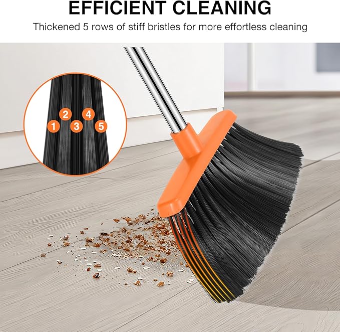 NACENA Broom and Dustpan Set, 52-in Long Adjustable Handle Broom Dustpan Combo with Dustpan Teeth to Automatically Clean Hair Suitable for Home Kitchen Office Hall Floor (Black&Orange), 4 Pack