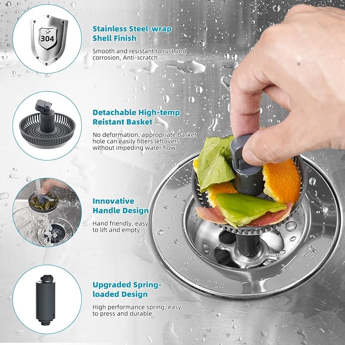 Hibbent 3 in 1 Kitchen Sink Drain Strainer, Stainless Steel Wrapped Shell Drain Stopper Combo, Pop Up Sink Stopper, Anti-Clogging Basket Strainer with Foldable Handle for US Standard 3-1/2" Drain