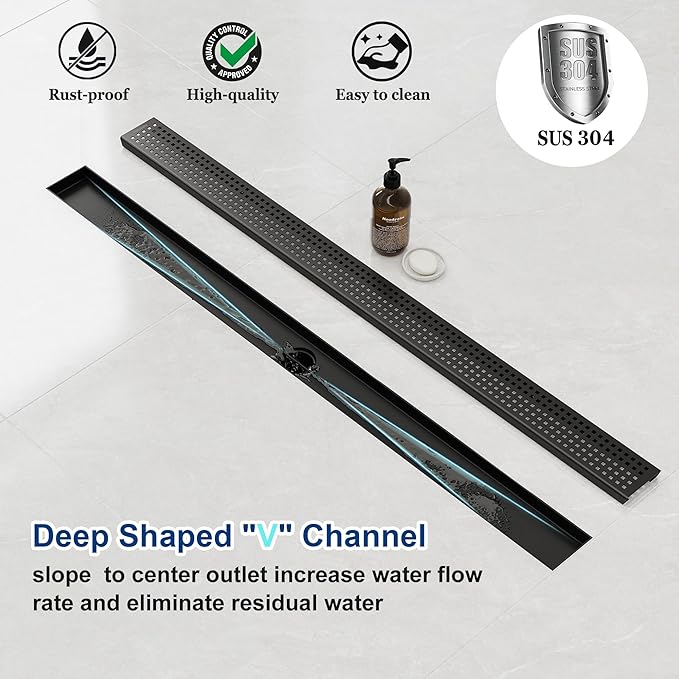 Neodrain 32-Inch Black Linear Shower Drain with Removable Quadrato Pattern Grate,Professional 304 Stainless Steel Rectangle Shower Floor Drain Manufacturer,Leveling Feet,Hair Strainer,Matte Black