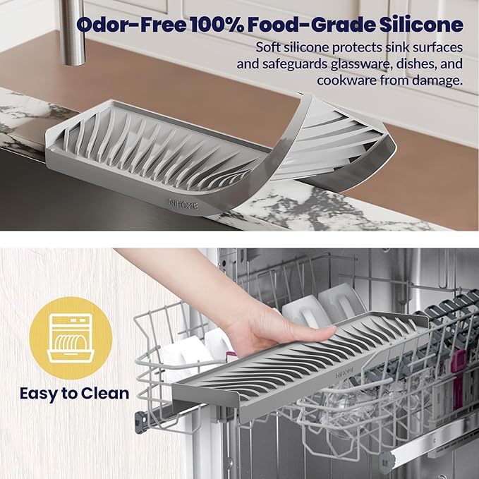 NiHome Multi-Use Silicone Kitchen Sink Edge Guard for Stone Countertop Edges 3.15"-4" Wide, Upgraded Slope Design with Raised Drainage Channels, Protector for Kitchen Sink, Bathtub, Wash Basin (Gray)