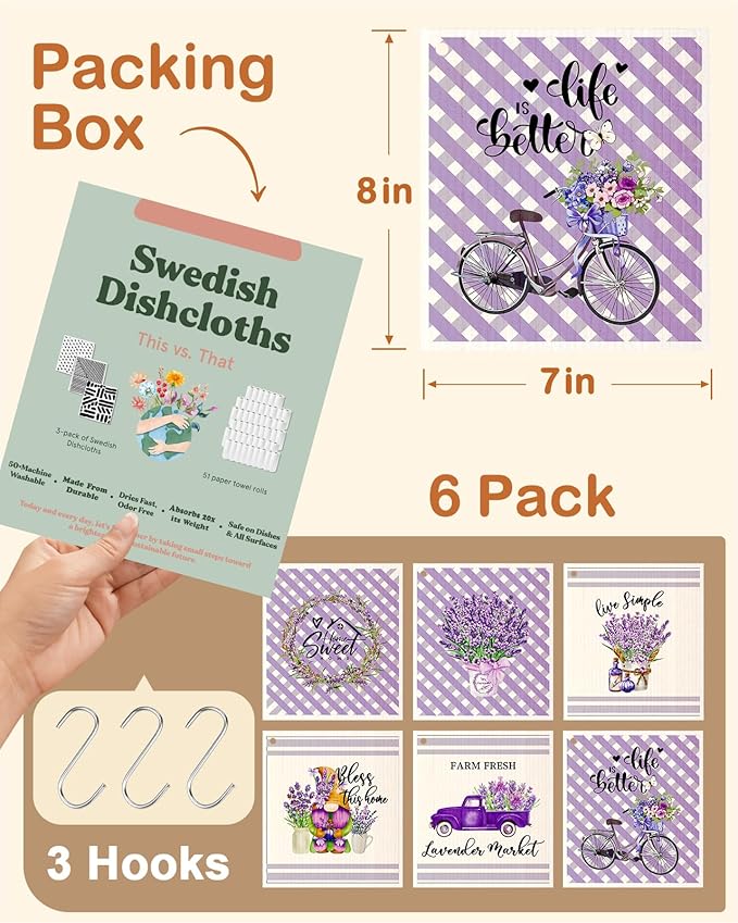 Miss Adola Kitchen Swedish Dishcloths with Hooks - 6 Pack Reusable Dish Cloths for Washing Dishes Fast Drying Cute Fun Swedish Dish Towels Washable Cleaning Sponge, Bicycle Lavender