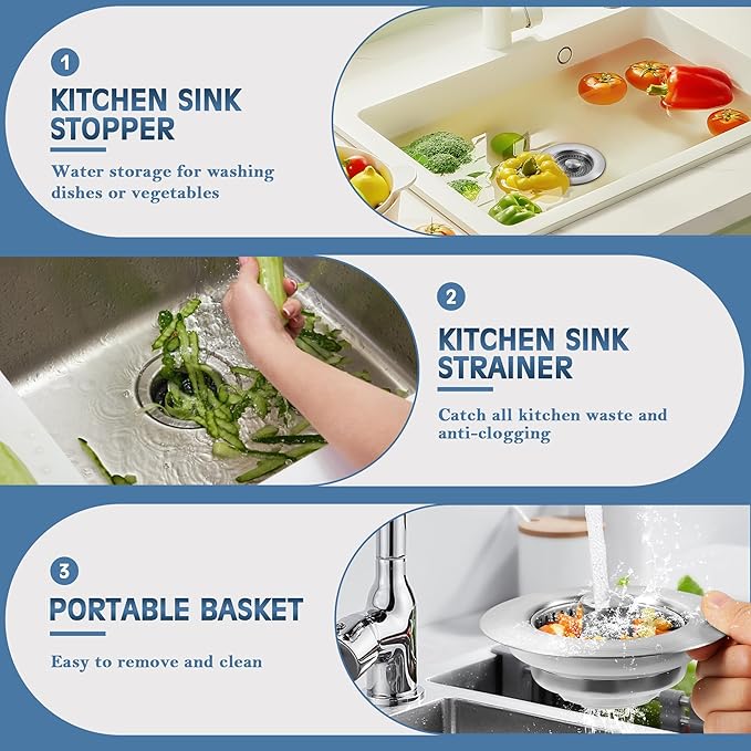 Kitchen Sink Drain Strainer 2 Pack, 304 Stainless Steel Pop Up Sink Stopper, Anti-Clogging Sink Drain Strainer for US Standard Kitchen Drain