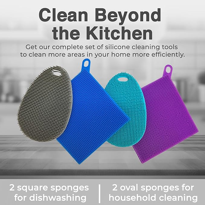 Silicone Sponges for Dishes - 4 Pack Dual-Sided Dish Scrubber - Food Grade, BPA Free Silicone Sponge & Housecleaning