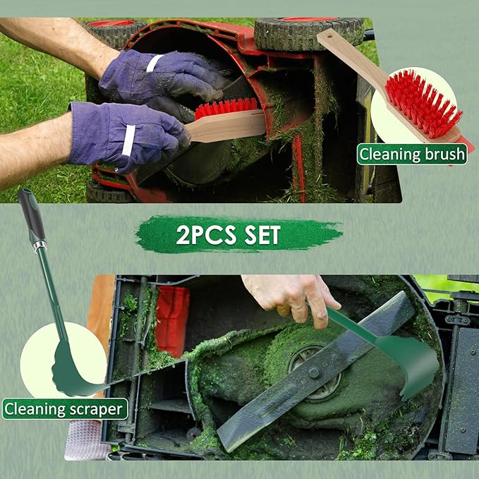 2 PCS Mower Deck Scraper with Ergonomic Long Handle, Lawn Mower Deck Cleaner Tool with Stiff Bristle Brush, Lawn Mower Maintenance Deck Scraper Cleaning Tool for Gardening