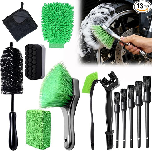 13PCS Motorcycle Cleaning Kit, Motorcycle Detailing Kit Overall Cleaner Tools Car Washing Brush Rims Cleaning Kit Chain Tire Wheel Brush Set Chain Tire for Car Bike Motorbike