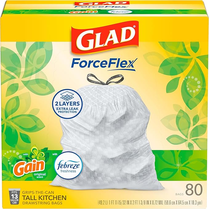 Glad ForceFlex Tall Kitchen Drawstring Trash Bags,13 Gal,Gain Original,80 Ct (Package May Vary),(Pack of 3)