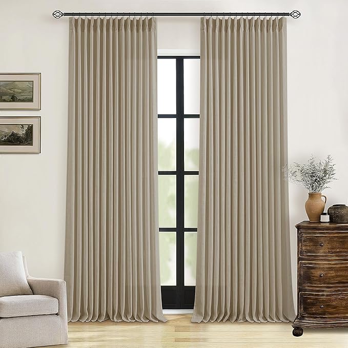 Pinch Pleated Linen Curtains 102 Inches Long 2 Panels Set for Living Room Bedroom Farmhouse Burlap Back Tab Pinch Pleat Drapes Ceiling Floor Window Curtains 102 Inch Length Gray Beige Tan Neutral