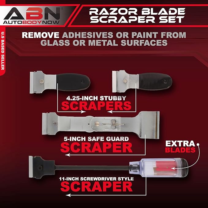 ABN Razor Blade Scraper 4-Piece Tool Set PLUS Replacement Blades – Glass Car Windshield Window Adhesive Decal Remover
