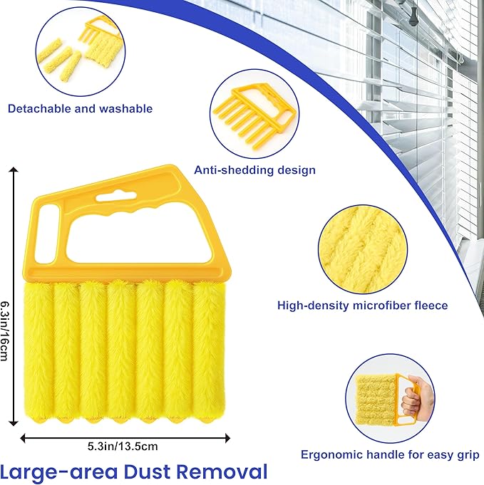 Blind Cleaner Duster Tool - 3 Pcs 7 Fingers Anti-Shedding Window Blind Cleaner Tool, with High-Density Microfiber Fleece and Ergonomic Handle, Detachable and Washable