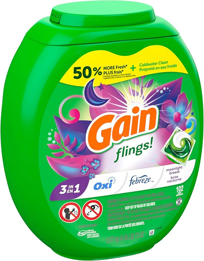 Gain Flings Laundry Detergent Pacs, 102 Count, Moonlight Breeze Scent, with Odor Defense, concentrated laundry soap pacs