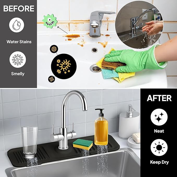 Premium 17 Inch Faucet Mat Guard for Sink Area Durable Silicone Splash Mat Multi-Use Water Catcher Tray Fast Drying Draining Protector (Black)