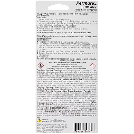 Permatex 82194 Ultra Grey Rigid High-Torque RTV Silicone Gasket Maker, 3.0 oz.