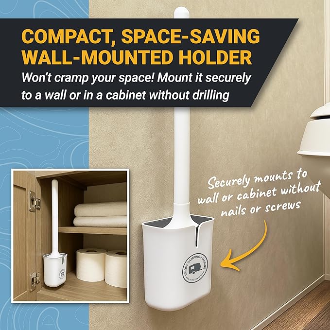 Unique Silicone RV Toilet Brush, Compact, Won't Damage Toilets or Seals, Wall-Mount No-Drip Holder